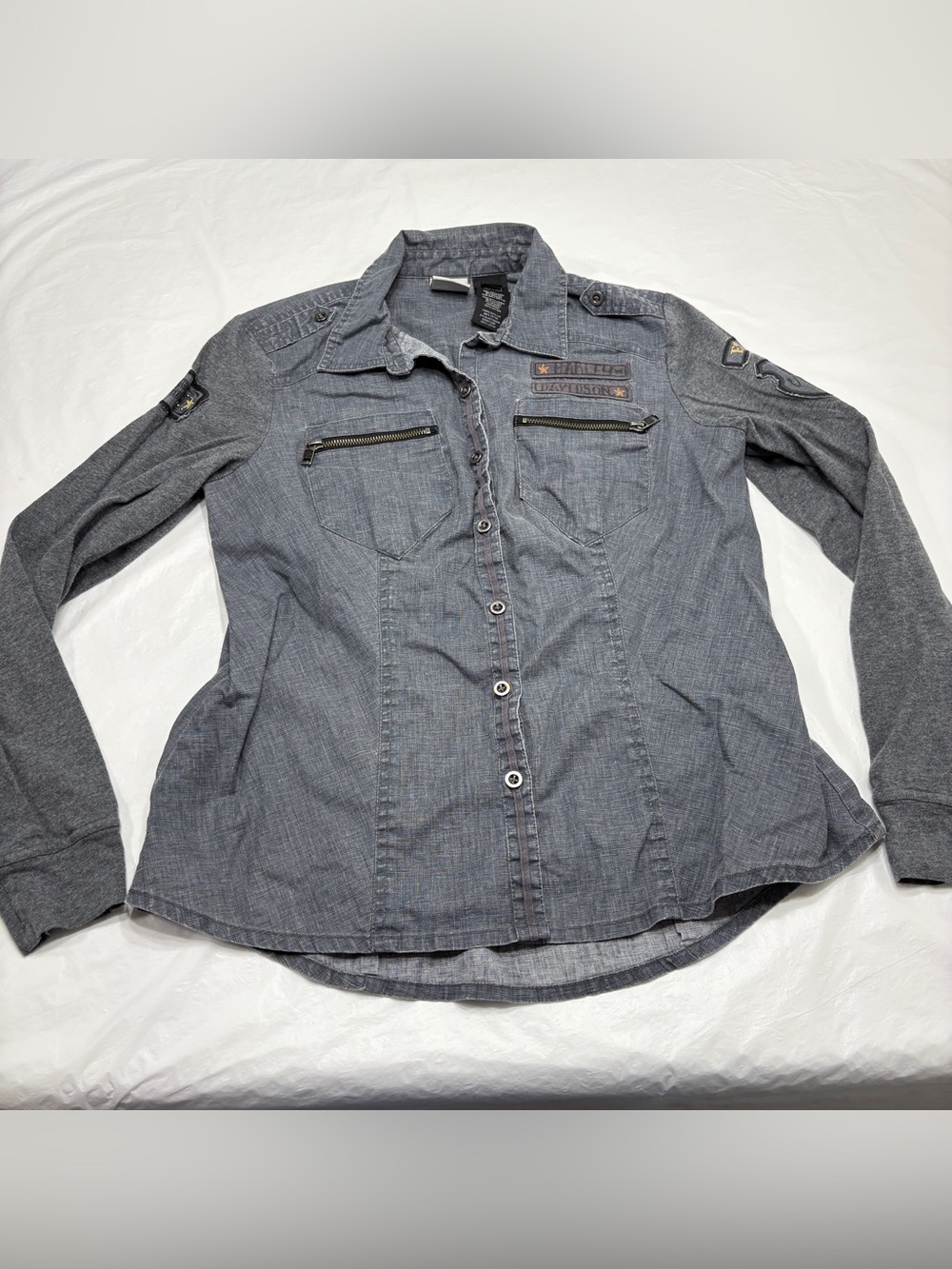 Harley Davidson Gray Linen Blend Button Up Mechanics Biker Shirt Women’s Large